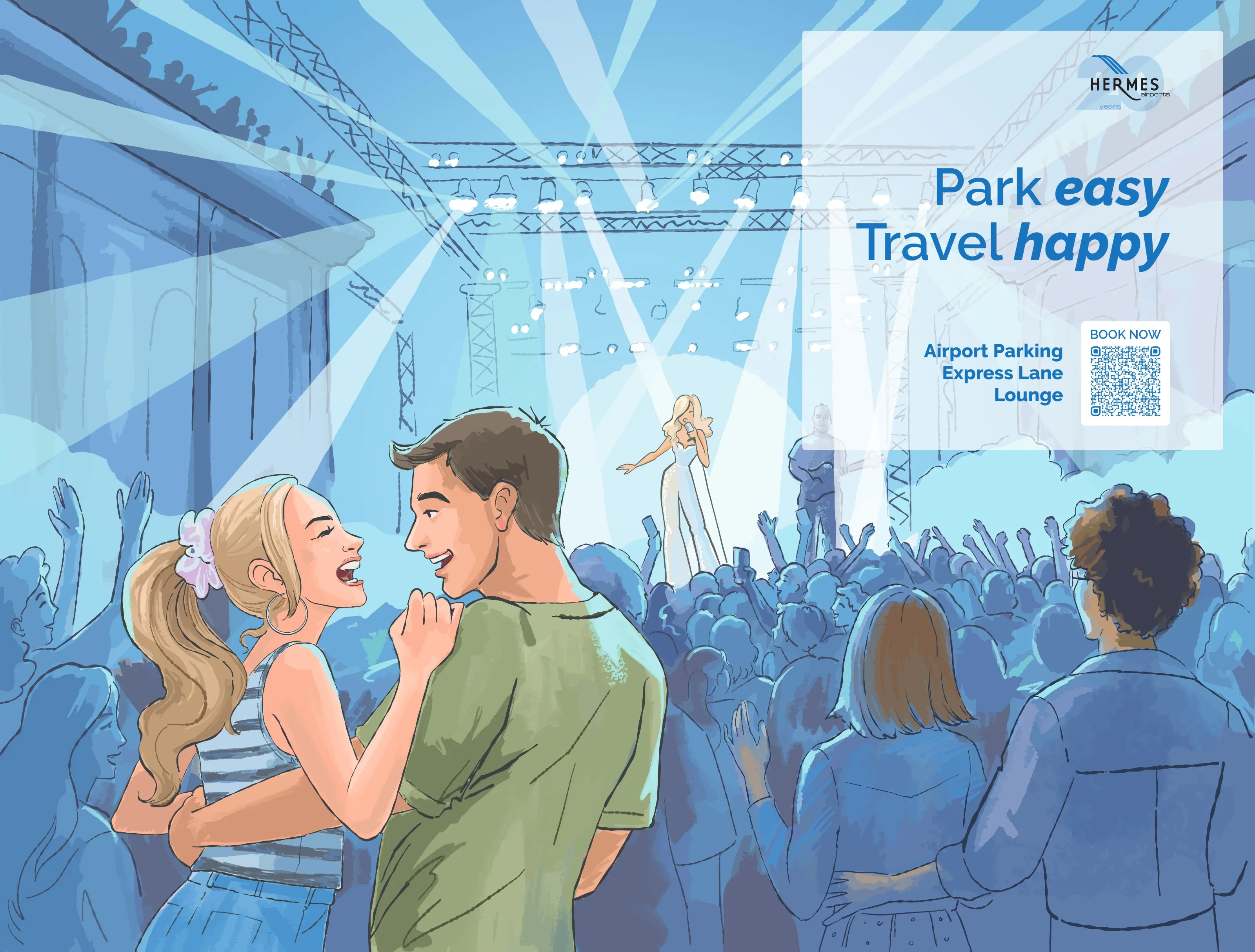 Concert-Goers artwork: a couple dancing in the crowd at an outdoor concert, with the line Park easy, Travel happy