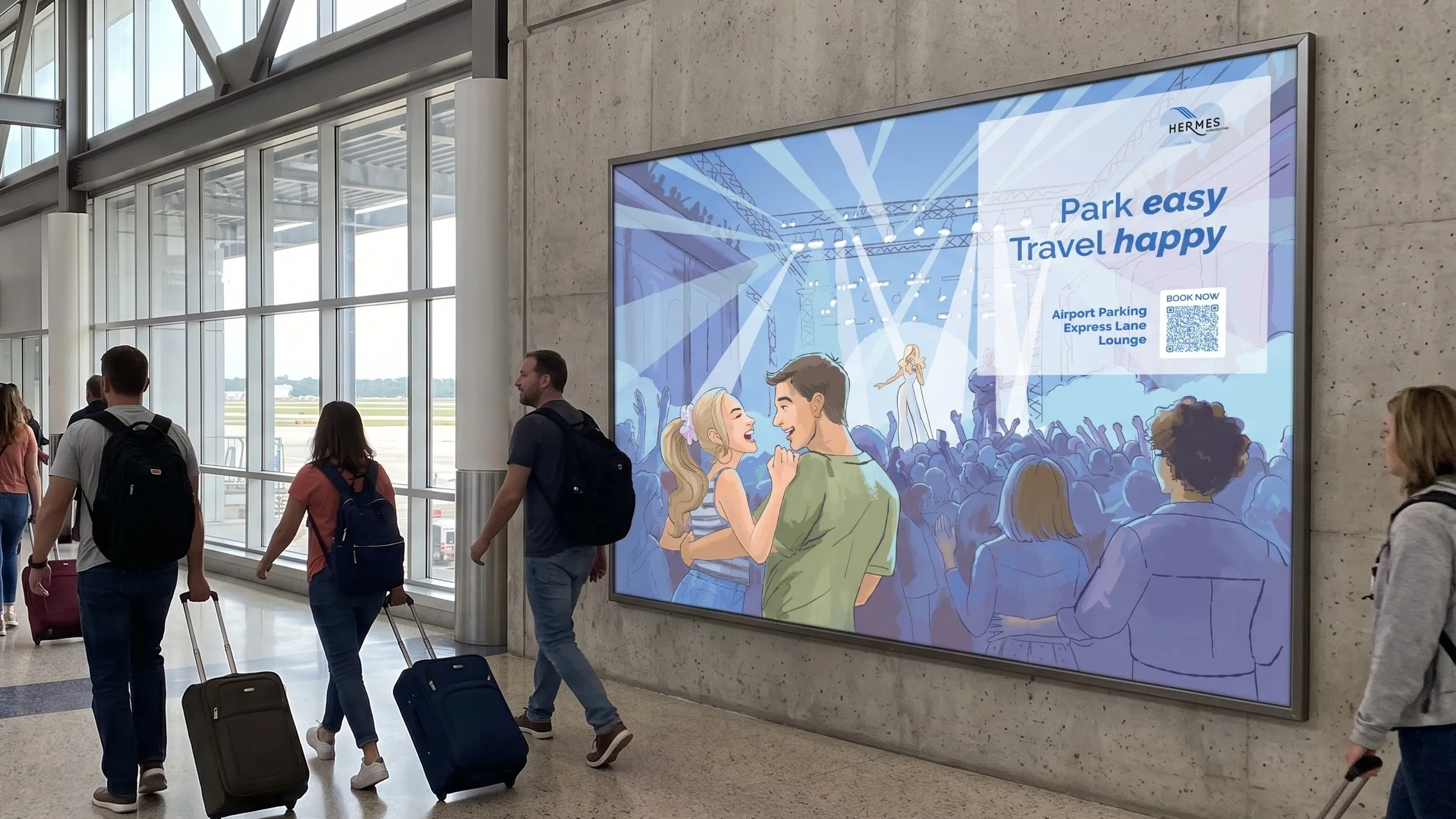 The Concert-Goers banner in an airport walkway as travellers pass by