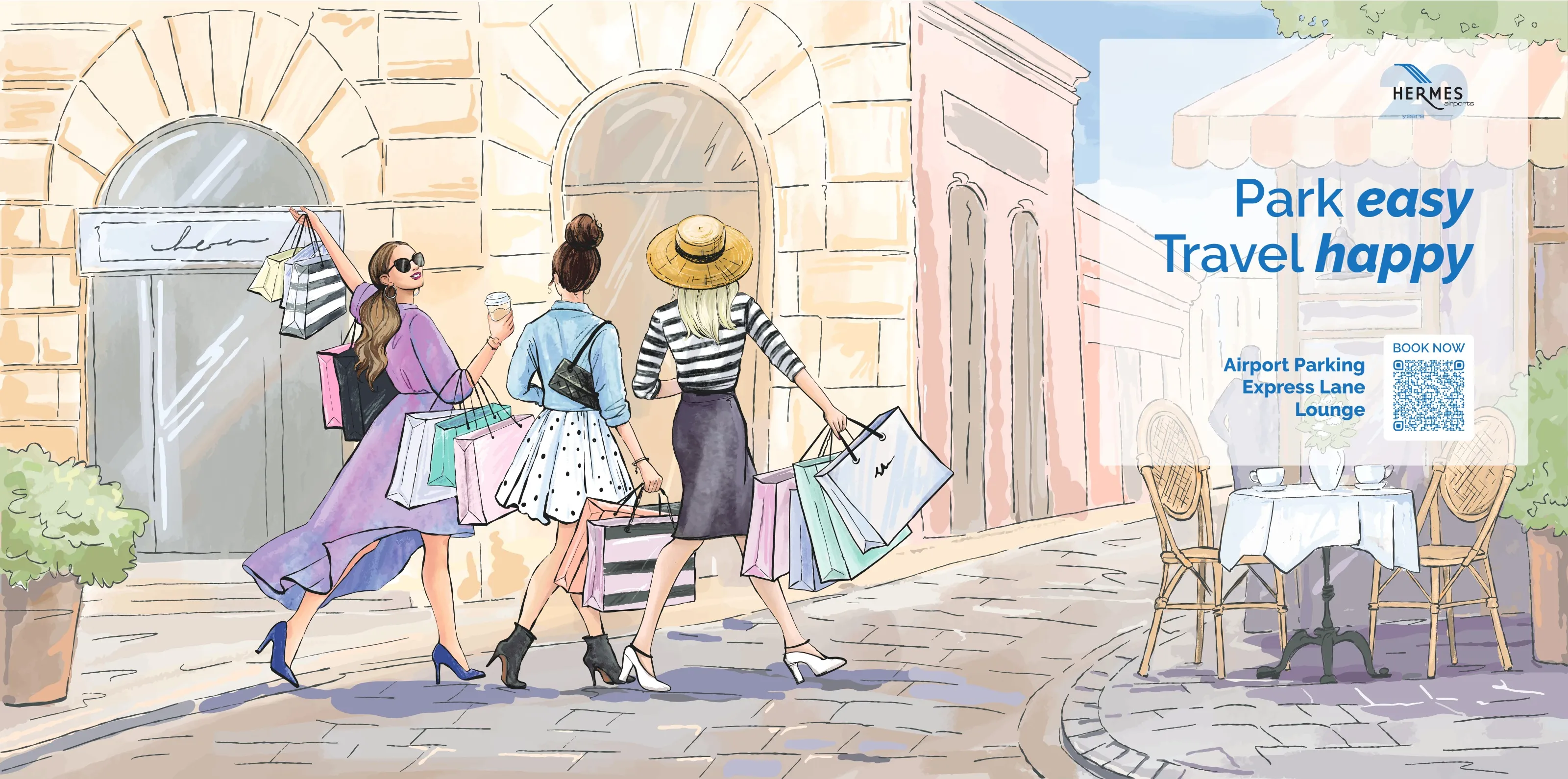 Weekend Shoppers artwork: three friends with shopping bags on a sunlit street, with the line Park easy, Travel happy