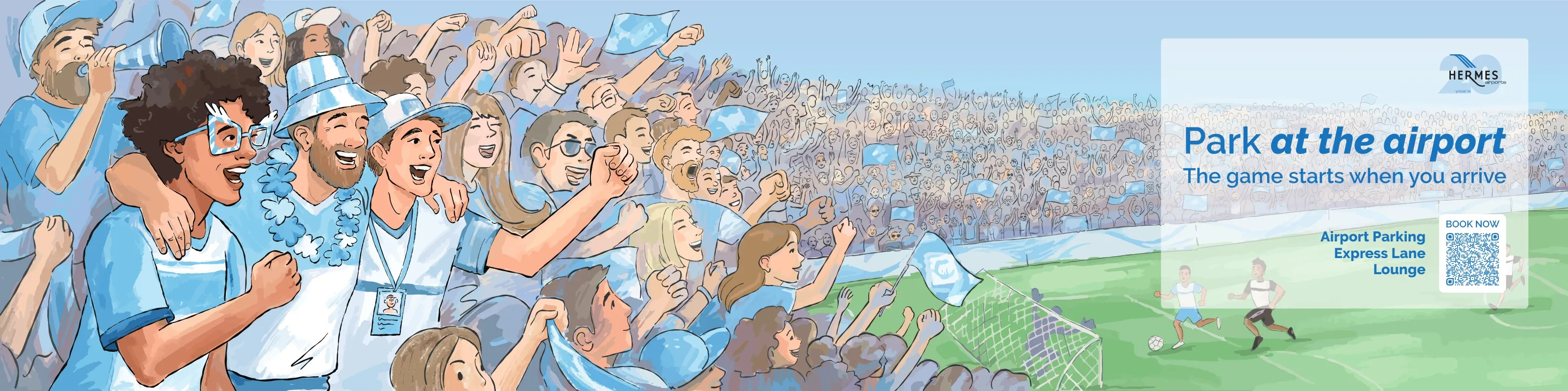 Match-Day Fans artwork: a crowd of fans cheering in a stadium, with the line Park at the airport, The game starts when you arrive