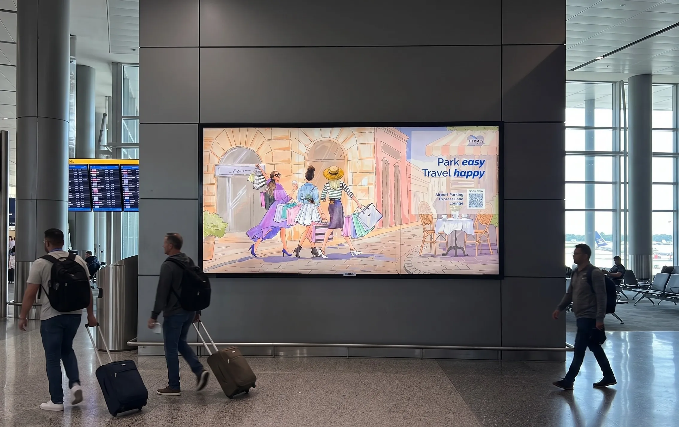 The Weekend Shoppers banner on a terminal wall as travellers walk past with their luggage